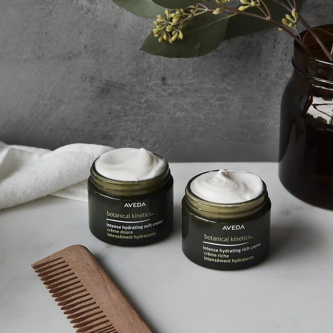 Deux crèmes hydratantes Aveda Botanical Kinetics ouvertes, présentées avec un peigne en bois et des feuillages